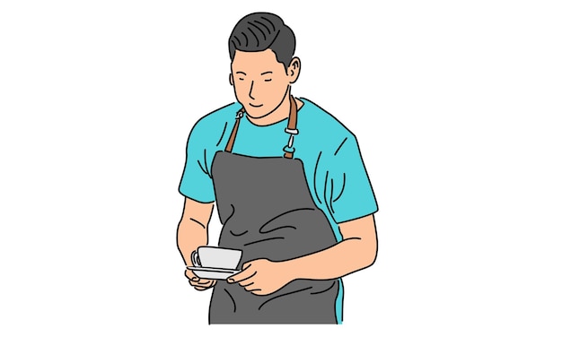 Arte de linha cor de barista segurando xícara de café ilustração vetorial