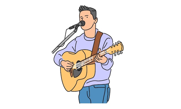 Vetor arte de linha cor de um homem tocando guitarra ilustração vetorial