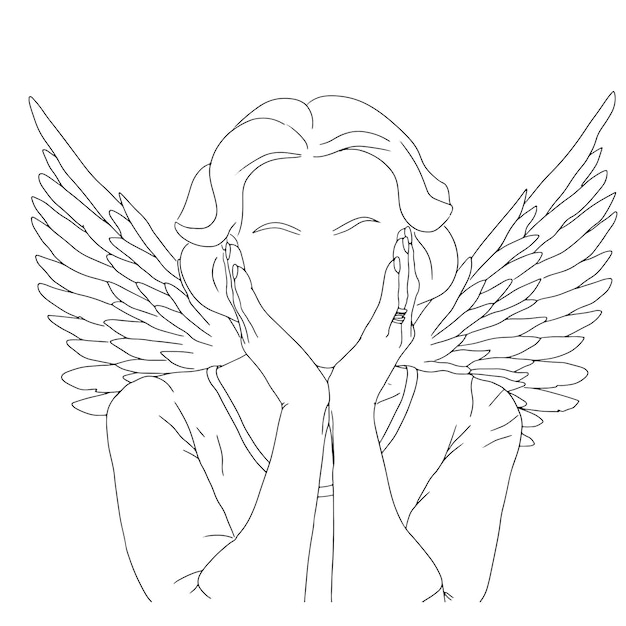 Arte de linha de anjo de mulher, arquivo vetorial, desenho de contorno de asa, esboço simples, ilustração minimalista