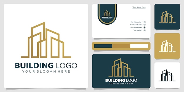 Arte de linha de combinação de modelo de design de logotipo de construção dourada e cartão de visita