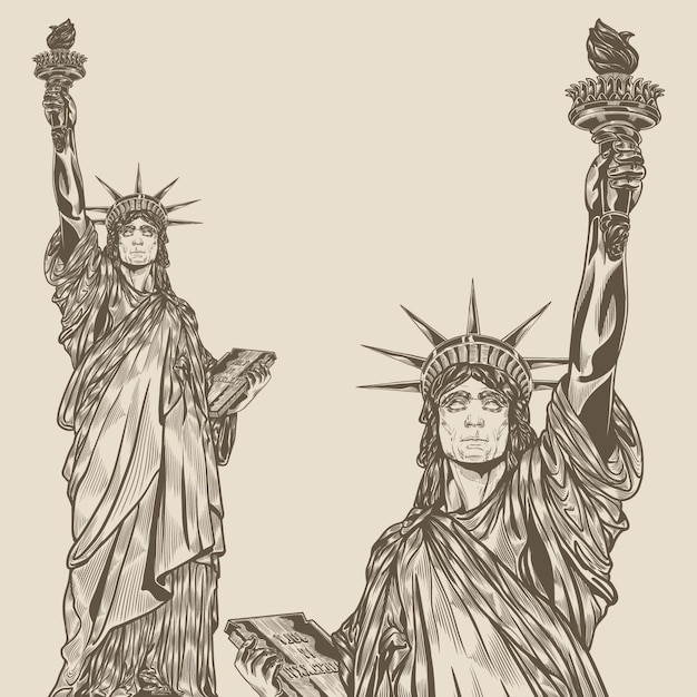 Arte de linha de detalhe vetorial marco da estátua da liberdade dos estados unidos