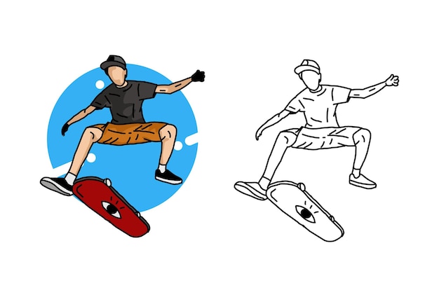 Arte de linha de ilustrações de jogadores de skate para crianças aprendendo a colorir arquivo eps