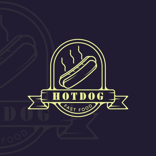 Arte de linha de logotipo de cachorro-quente ou cachorro-quente simples ilustração vetorial minimalista modelo ícone design gráfico sinal ou símbolo de fast food para menu ou restaurante conceito com emblema distintivo e tipografia