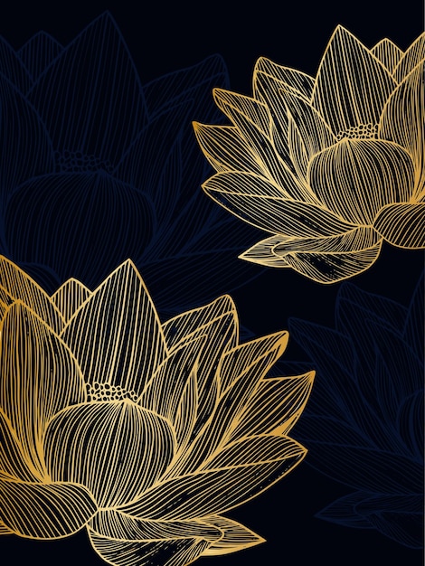 Arte de linha de lótus dourado sobre fundo azul escuro. Design de papel de parede com lótus.