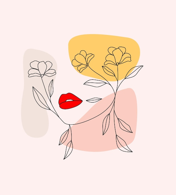Arte de linha de mulher com lábios vermelhos e flor de design minimalista