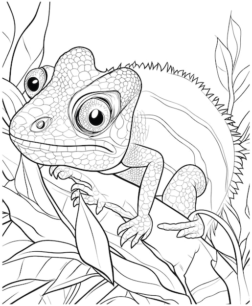 Vetor arte de linha de página de coloração de camaleão para crianças