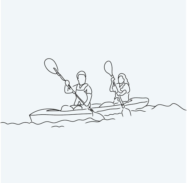 Arte de linha de remo minimalista, desenho de contorno de caiaque, ilustração de canoa de rafting, barco vetorial, esporte