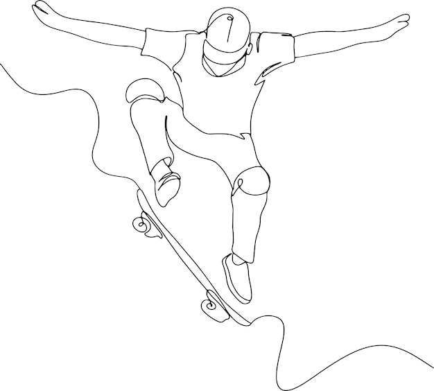 Desenho de linha contínuo de homem jogando skate jogador de jogo de skate  um desenho de linha