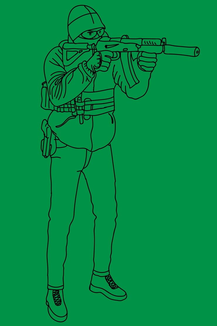 Vetor arte de linha de soldados e armas