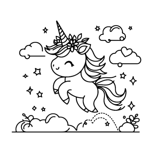 Arte de linha de unicórnio desenhada à mão para crianças ilustração de livro de colorir