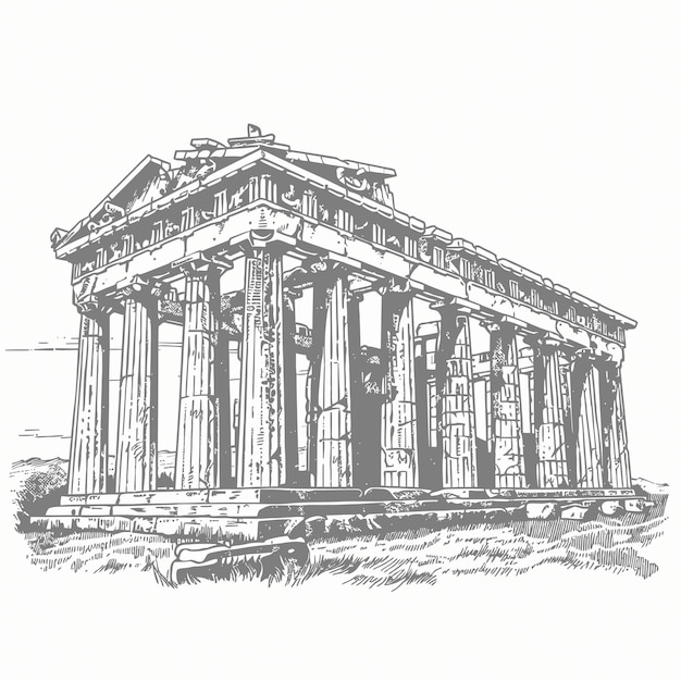 Arte de linha detalhada de um templo grego clássico com colunas e ruínas antigas desenhado à mão por arquitetos