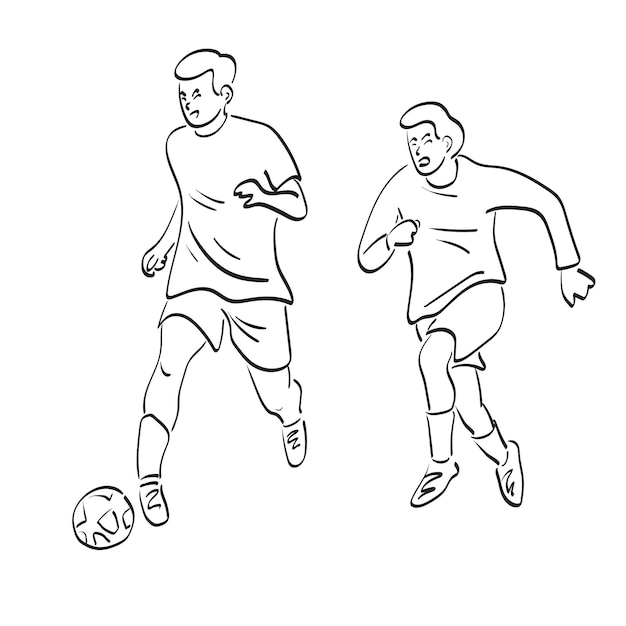 Arte de linha dois jogadores de futebol com ilustração de bola vetor desenhado à mão isolado em fundo branco