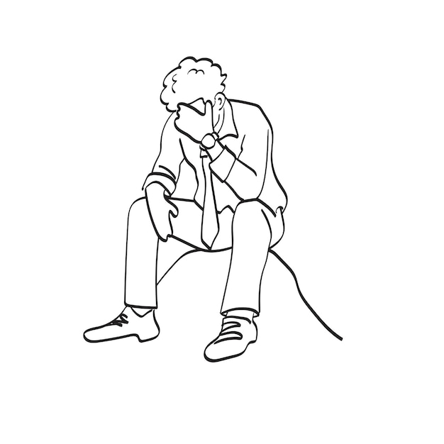 Vetor arte de linha empresário desempregado sentado com ilustração de estresse vetor desenhado à mão