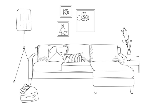 Arte de linha interior da sala de estar, ilustração de design de esboço de contorno com móveis em fundo branco