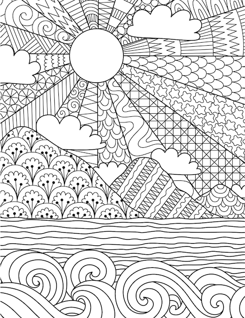 Vetor arte de linha intrincada abstrata do nascer do sol na praia para plano de fundo, livro para colorir, página para colorir com o tamanho 8,5 x 11. ilustração vetorial.