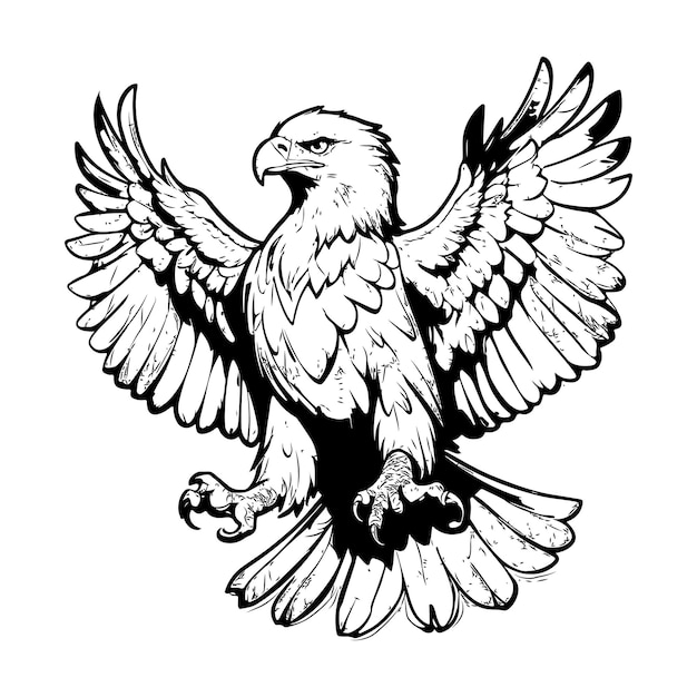 Vetor arte de linha intrincadamente detalhada de uma águia retratada em preto e branco