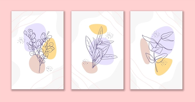 Arte de linha mínima com flores e folhas design de pôster a