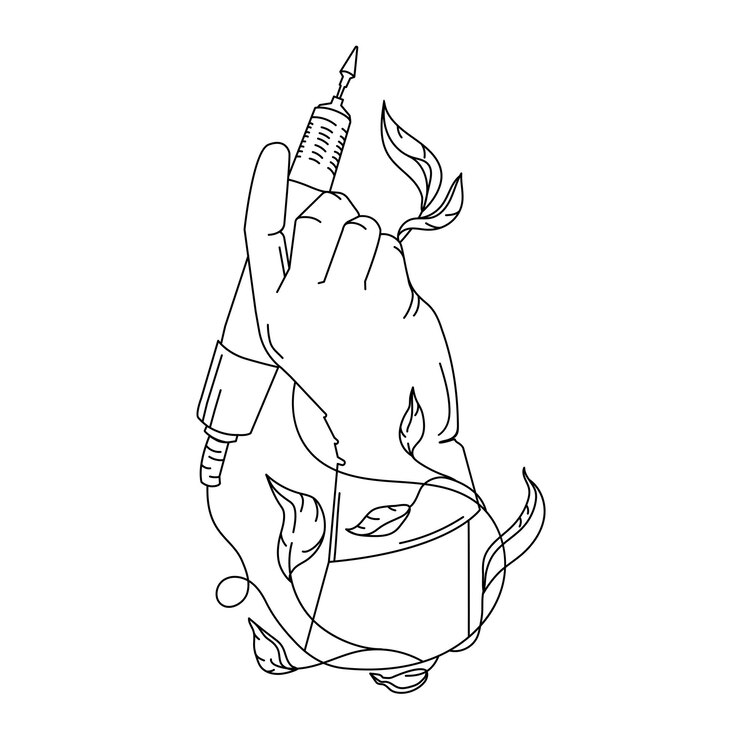 Vetor arte de linha minimalista de uma mão segurando uma máquina de perfuração de pregos com elementos florais logo vector
