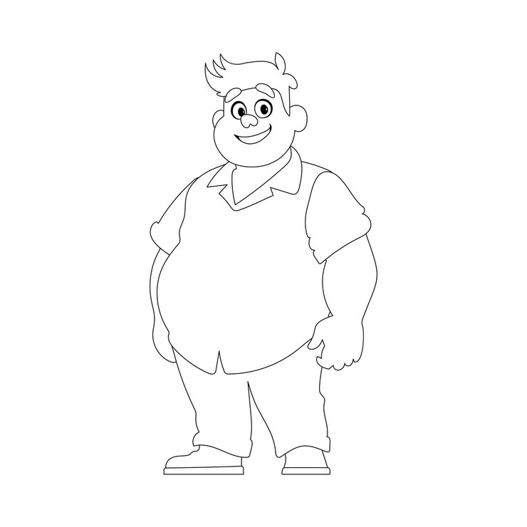 Vetor arte de linha preta e branca homem gordo posando e sorrindo homem com sobrepeso é bonito tema de positividade corporal estilo de coloração
