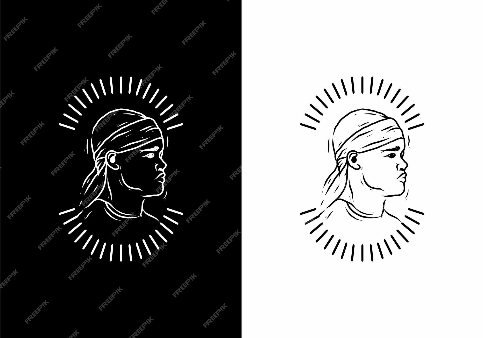 Arte de linha preto e branco do homem usando distintivo durag