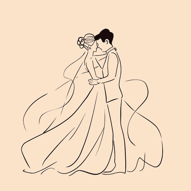 Arte de linha simples casal de casamento fundo isolado