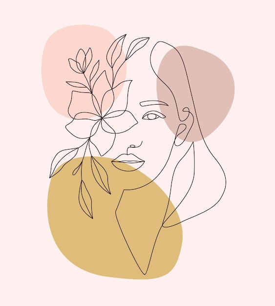 Arte de linha vetorial de desenho de linha mínimo estético de mulher e flores