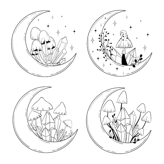 Arte de linha vetorial elementos mágicos místicos lua crescente cogumelos estrelas de cristal folhas arte de linha