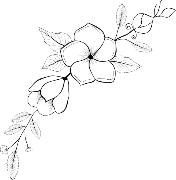 Vetor arte de linha vetorial grátis e desenho de mão flor arte design plano preto e branco flor simples