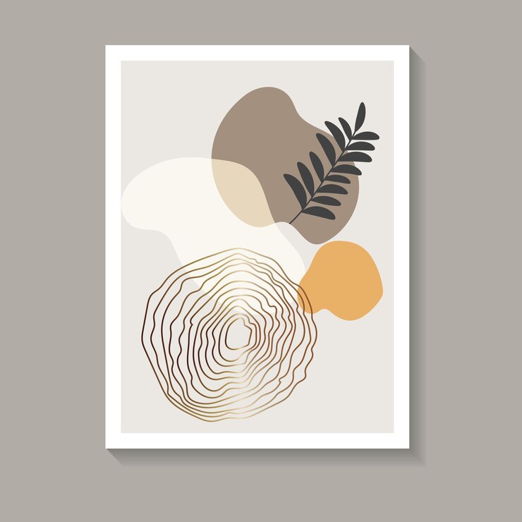 Arte de parede com toque botânico tropical. Imagem de formas livres abstratas em cores quentes e douradas e folhas escuras. Ideal para estampas, capas e designs modernos. Ilustração vetorial.
