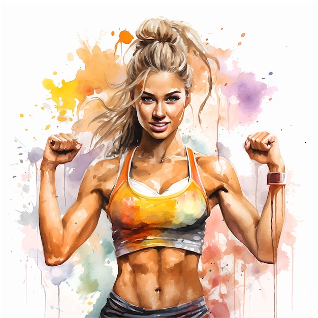 Arte de pintura em aquarela de garota fitness