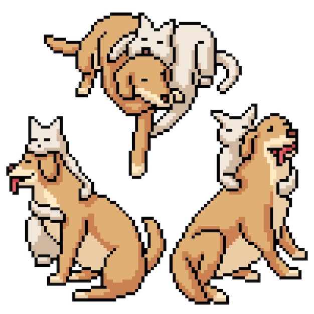 Arte de pixel de gato e cachorro se abraçando