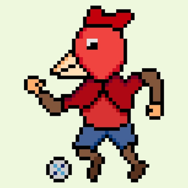 Arte de pixel. personagem de frango jogador de futebol chuta a bola