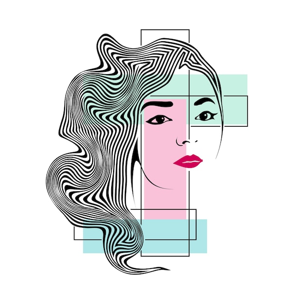 Arte de rosto de mulher com cabelo de linha abstrata ondulada ilustração vetorial