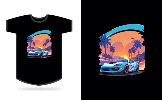 Vetor arte de tshirt design gráfico carro de velocidade realístico carro de corrida azul miami rua altamente detalhado