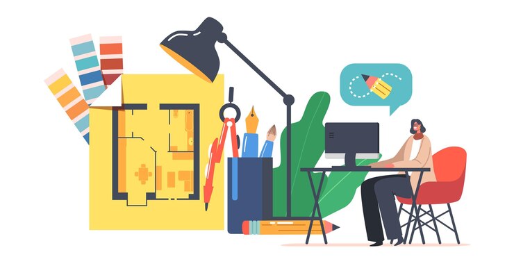Vetor arte digital esboçar desenho obra conceito criativo designer gráfico personagem feminina criar design do interior do apartamento escolher paleta e conceitos na ilustração em vetor dos desenhos animados de computador