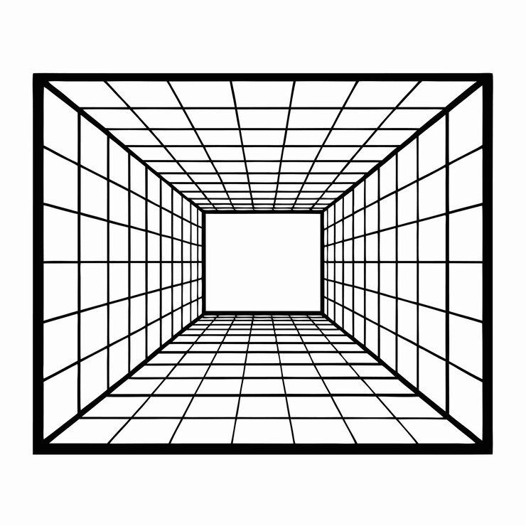 Vetor arte digital futurista retratando uma vasta câmara de grade com iluminação etérea