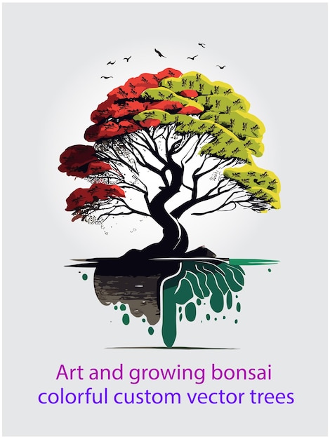 Vetor arte e crescimento de bonsai coloridas árvores de ilustração vetorial personalizadas