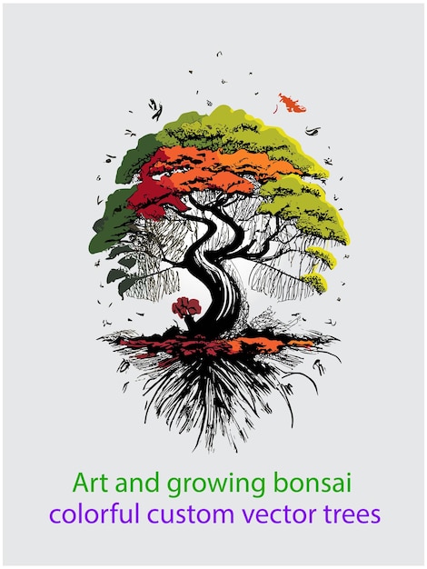Arte e crescimento de bonsai coloridas árvores de ilustração vetorial personalizadas