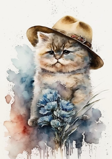 Arte em aquarela de gato angorá bonito