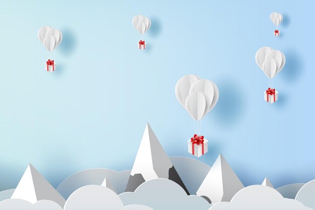 Arte em papel 3D e artesanato de balão branco flutuando no céu Balão com caixa de presente flutuando no ar