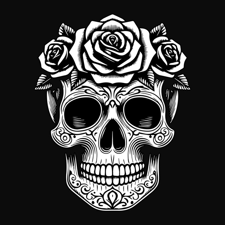 Vetor arte escura cabeça de crânio com flor ilustração em preto e branco