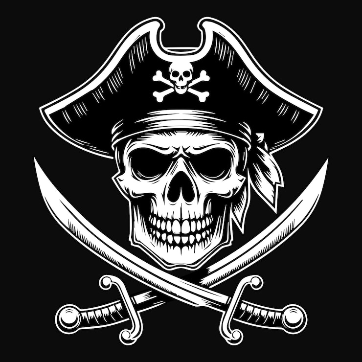 Vetor arte escura cabeça de crânio de piratas com espada dupla ilustração em preto e branco