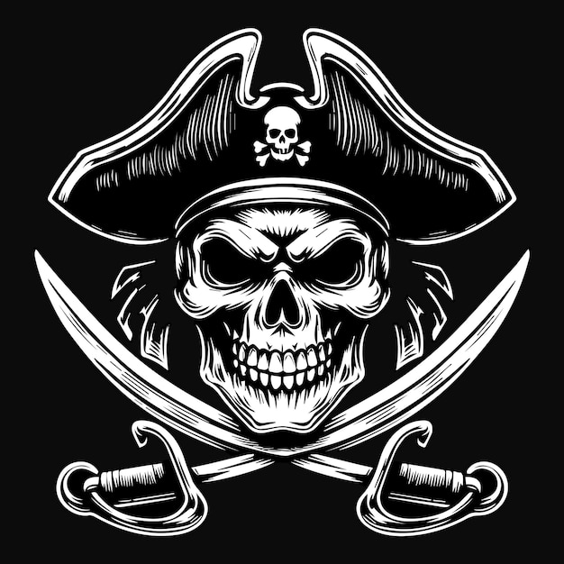 Vetor arte escura cabeça de crânio de piratas com espada dupla ilustração em preto e branco