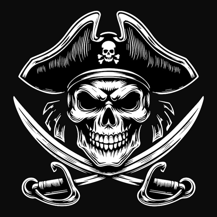 Vetor arte escura cabeça de crânio de piratas com espada dupla ilustração em preto e branco
