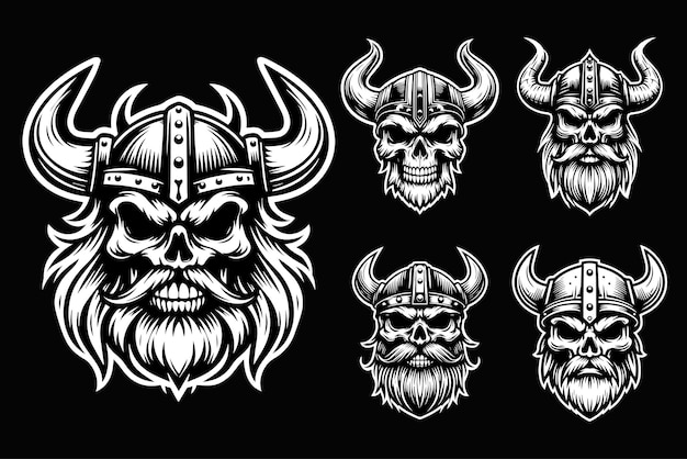 Arte escura cabeça de crânio de viking irritado ilustração em preto e branco