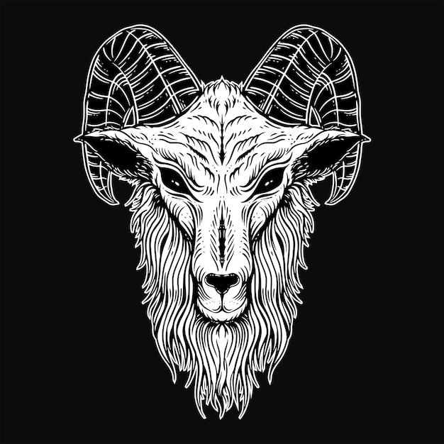 Arte escura chifres de cabeça de cabra ovelha satânica preto branco para tatuagem e ilustração de roupas