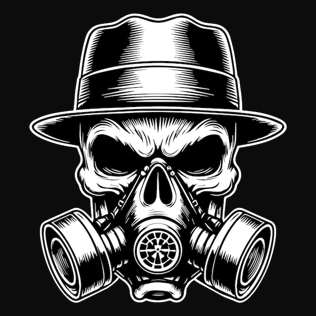 Arte escura Máfia máscara de gás cabeça uso Mafia chapéu ilustração preto e branco