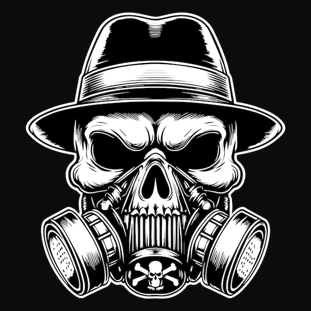 Arte escura Máfia máscara de gás cabeça uso Mafia chapéu ilustração preto e branco