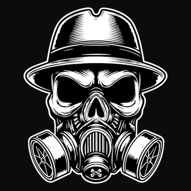 Arte escura Máfia máscara de gás cabeça uso Mafia chapéu ilustração preto e branco