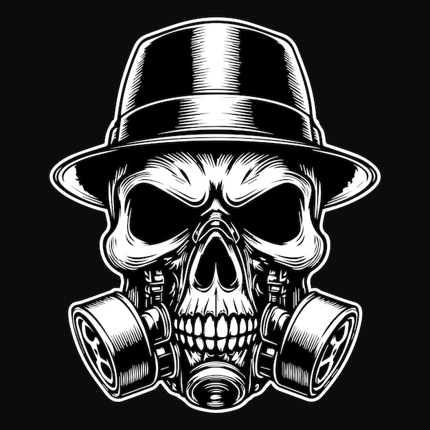 Arte escura Máfia máscara de gás cabeça uso Mafia chapéu ilustração preto e branco